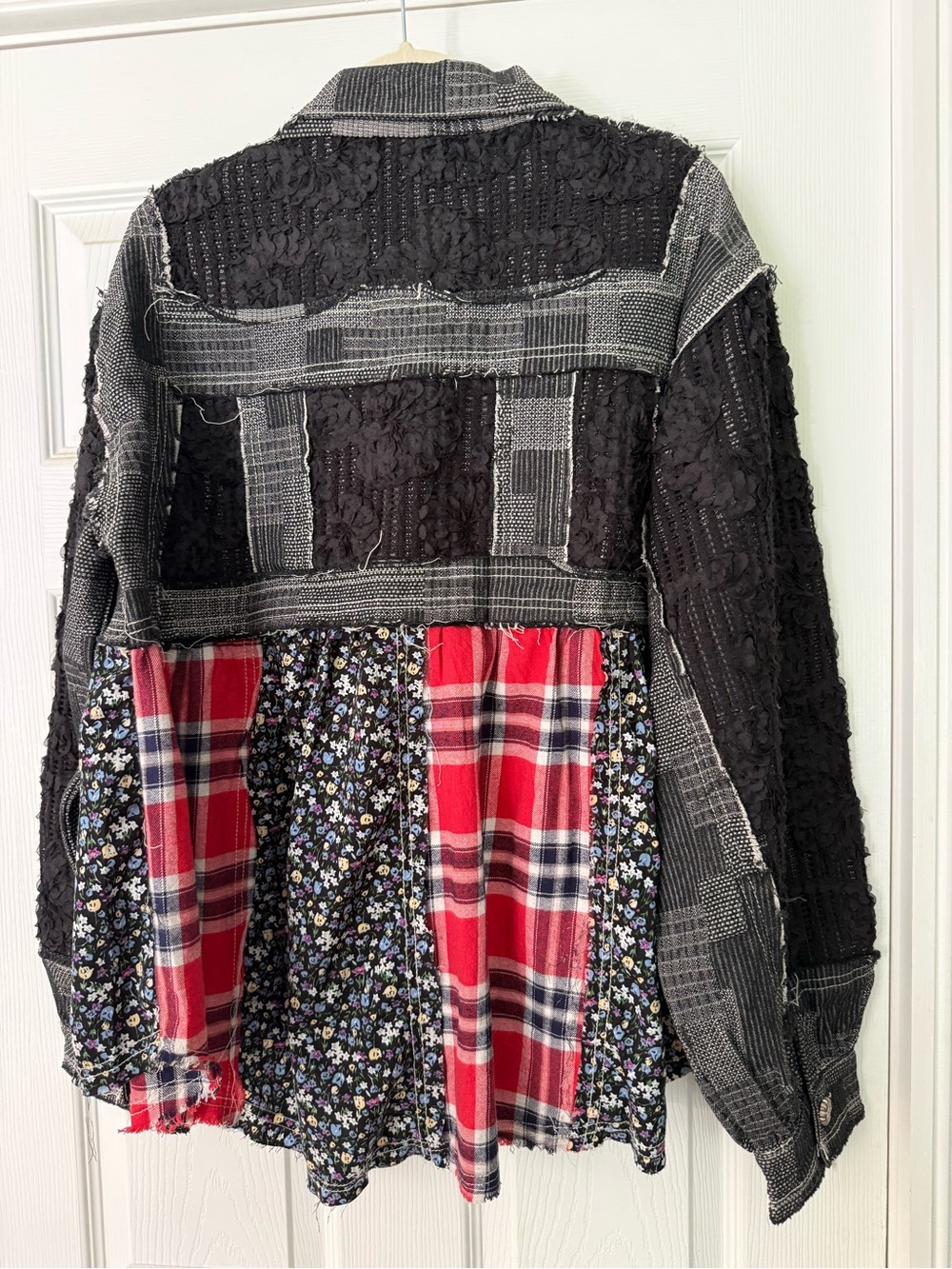POL Patchwork Black Gray Jacket with Red Plaid & Floral Panels - Picture 3 of 7